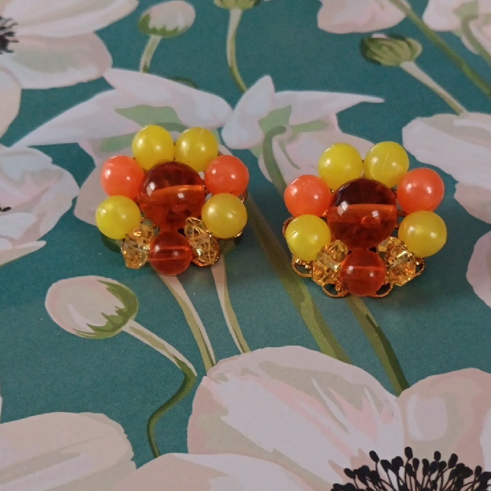 Vintage Vibrant Orange and Yellow Beaded Clip On Earrings